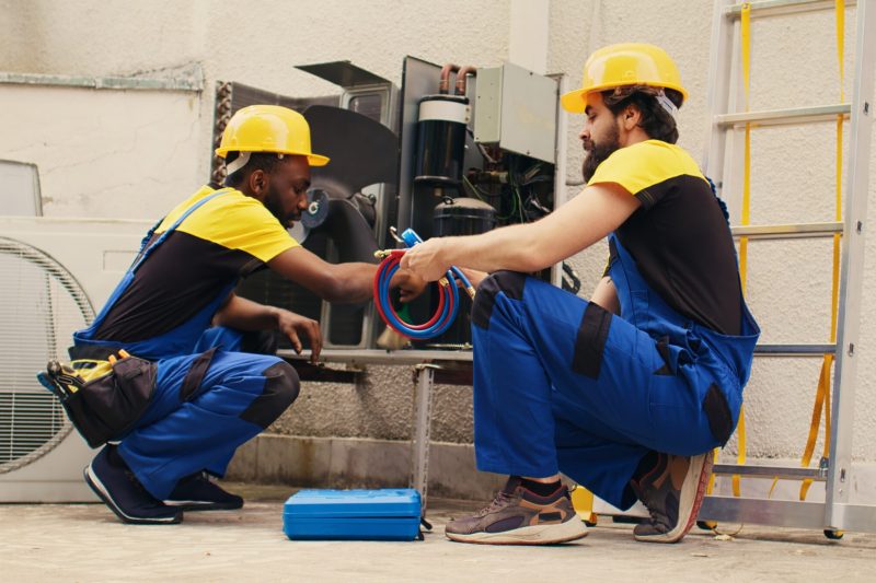 African american serviceman cleaning air conditioner internal components of dust while coworker assembles professional manifold gauges to check freon levels in hvac system